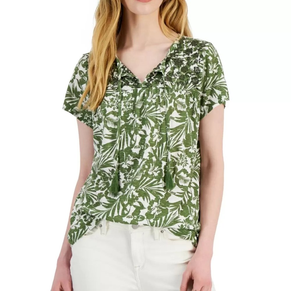 Style & Co Women's Printed Embroidered Tassel-Tie Top, Green Barblooms